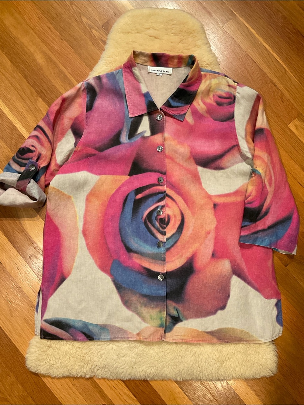 Vintage Caroline Rose rose linen button down tab-sleeve top